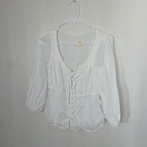 Maeve white laced front slight see thru shirt long sleeve blouse w/ deep v neck